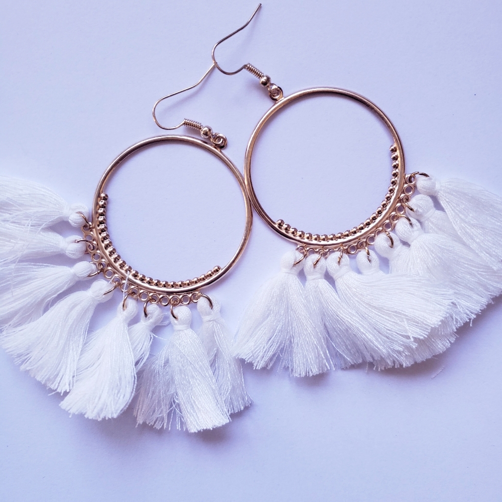 White Tassel Boho Hoop Earrings